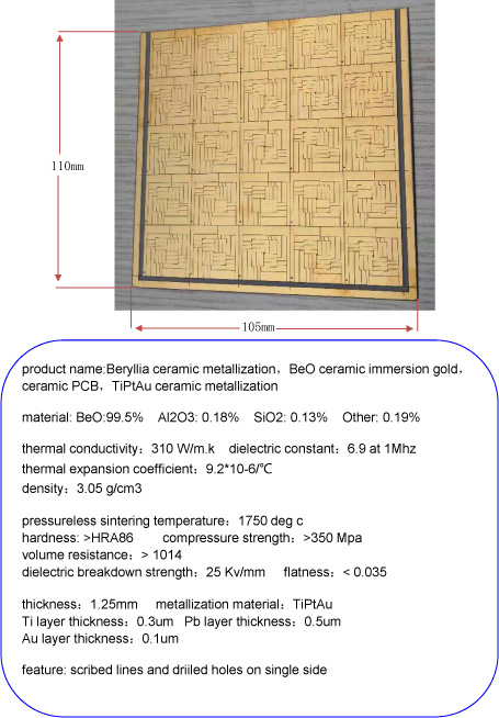 Beryllia ceramic metallization，BeO ceramic immersion gold，ceramic PCB，TiPtAu ceramic metallization