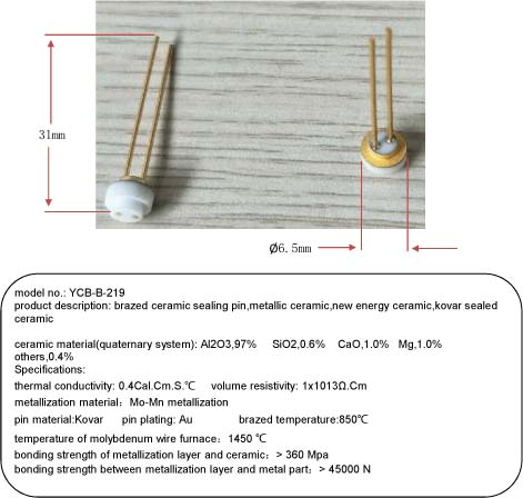 brazed ceramic sealing pin,metallic ceramic,new energy ceramic,kovar sealed ceramic